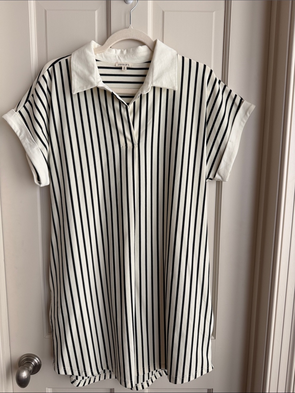 JODIFL Black & White Vertical Stripe Collared Tunic Dress